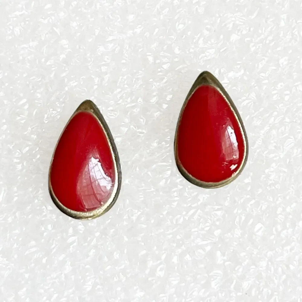 Vintage Red and Gold Enamel Tear Drop Earrings
